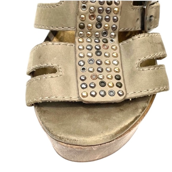 Cynthia Vincent Jett Wedge Leather Sandals 7.5 Buckle Heel Stones Cut Out - Picture 10 of 15